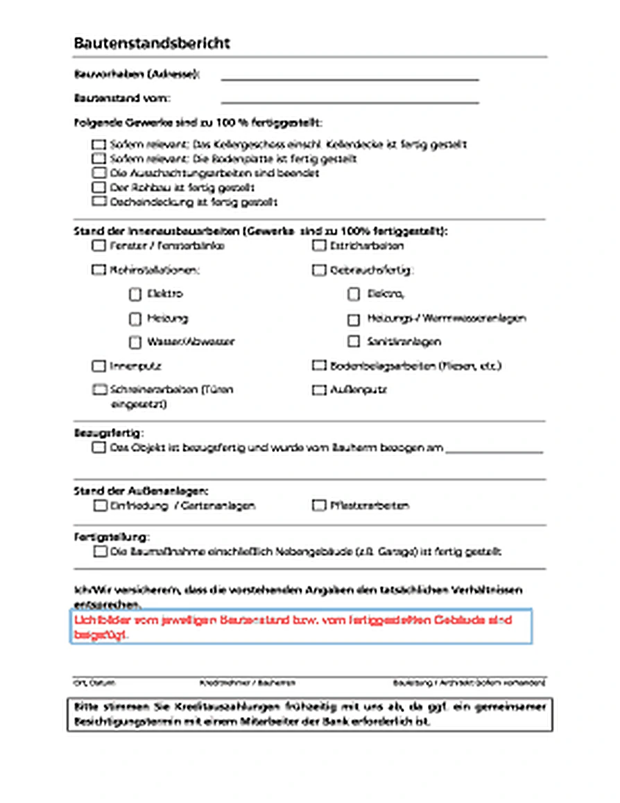 Formular eines Bautenstandsberichts der MG Value Experts GmbH